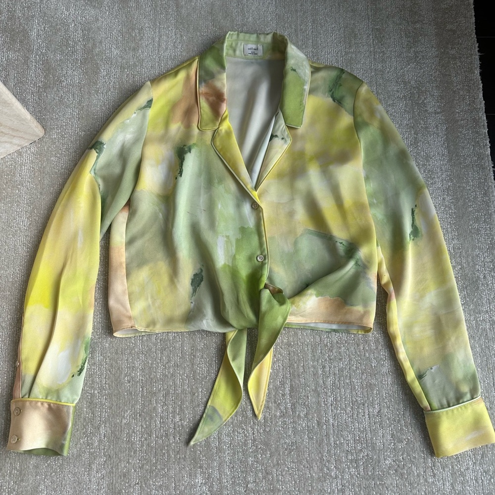 Silk Tie-Front Blouse in Green and Yellow